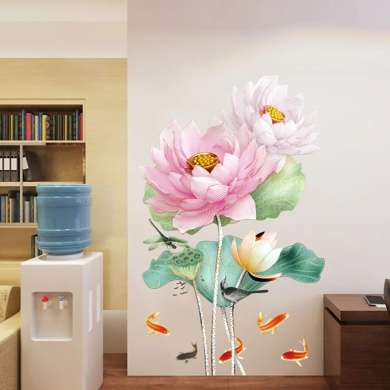 3d Lotus Flower Living Room Home Decor Vinyl Wall Stickers Fish Butterfly Waterproof Bedroom Decoration Poster Wallpaper Wall Stickers Aliexpress