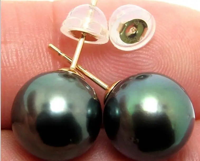 

a pair of round 9-10mm tahitian peacock green pearl earrings for women sterling -silver-jewelry boucle d'oreille earrings