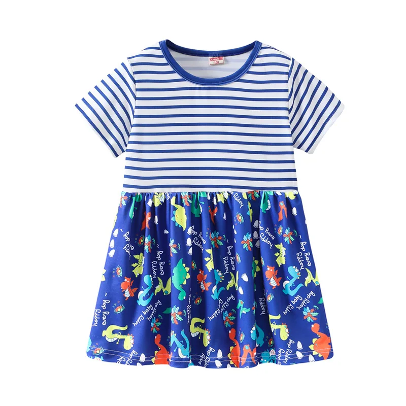 Summer Printed and Striped Patchwork Baby Princess Girls Short-sleeved Dress Girls Clothes For 2-7 Years Old