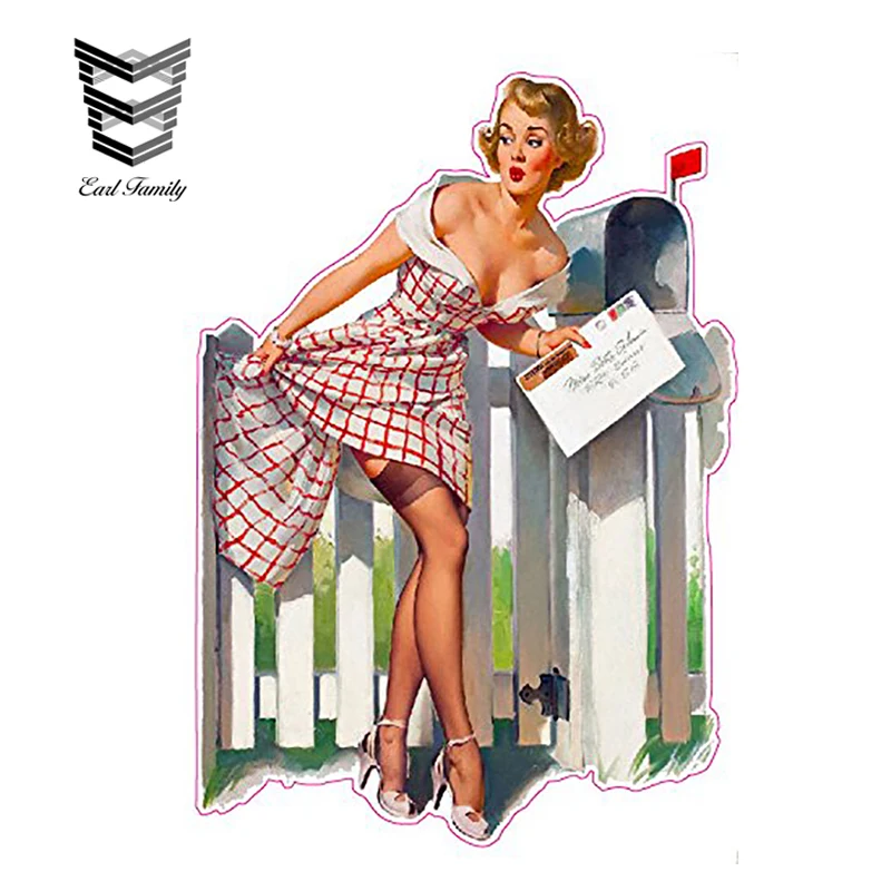 

EARLFAMILY 13cm X 9cm Sexy Red Head Picket Fence Pin Up Girl Decal Funny Cartoon Car Stickers Motorcycle Car Decal Accessories