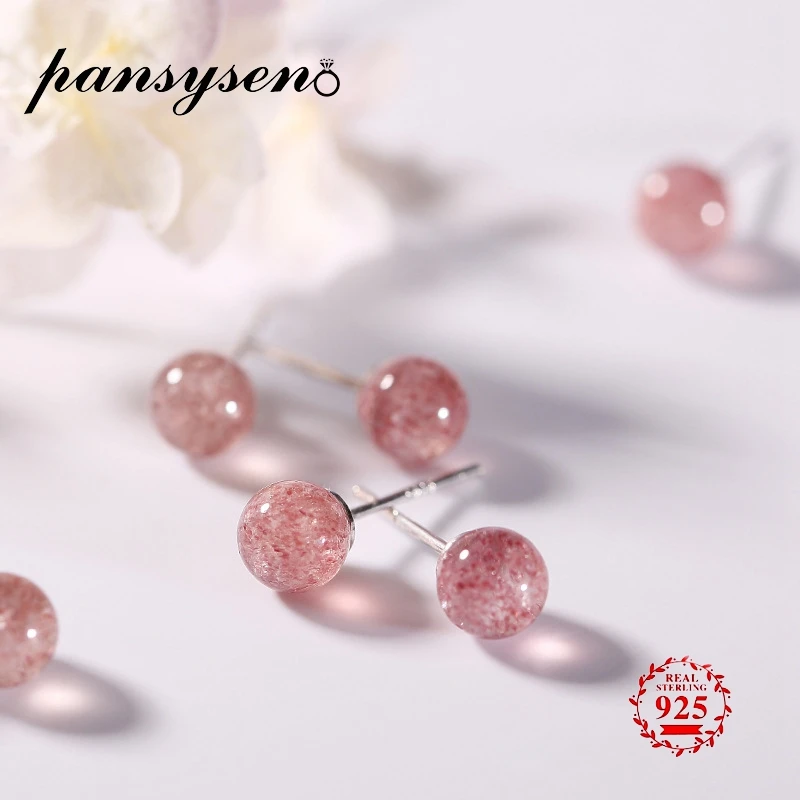 

PANSYSEN Charms 6mm Round Natural Strawberry Quartz Stud Earrings Women's Solid 925 Silver Jewelry Earrings Wedding Party Gifts