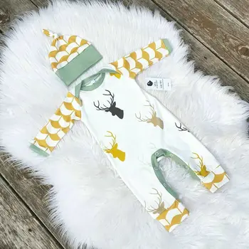 

Christmas Deer Baby Boys Costume Rompers Newborn Overall Girls Jumpsuits+Hats Clothes Fashion Cotton Long Sleeve Winter Clothing
