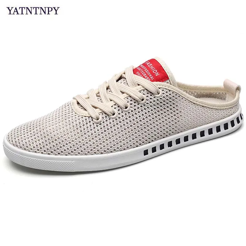 

YATNTNPY New Breathable hemp Air Mesh Shoes men summer canvas casual shoes slip-on flat half slipper man comfort beach moccasins
