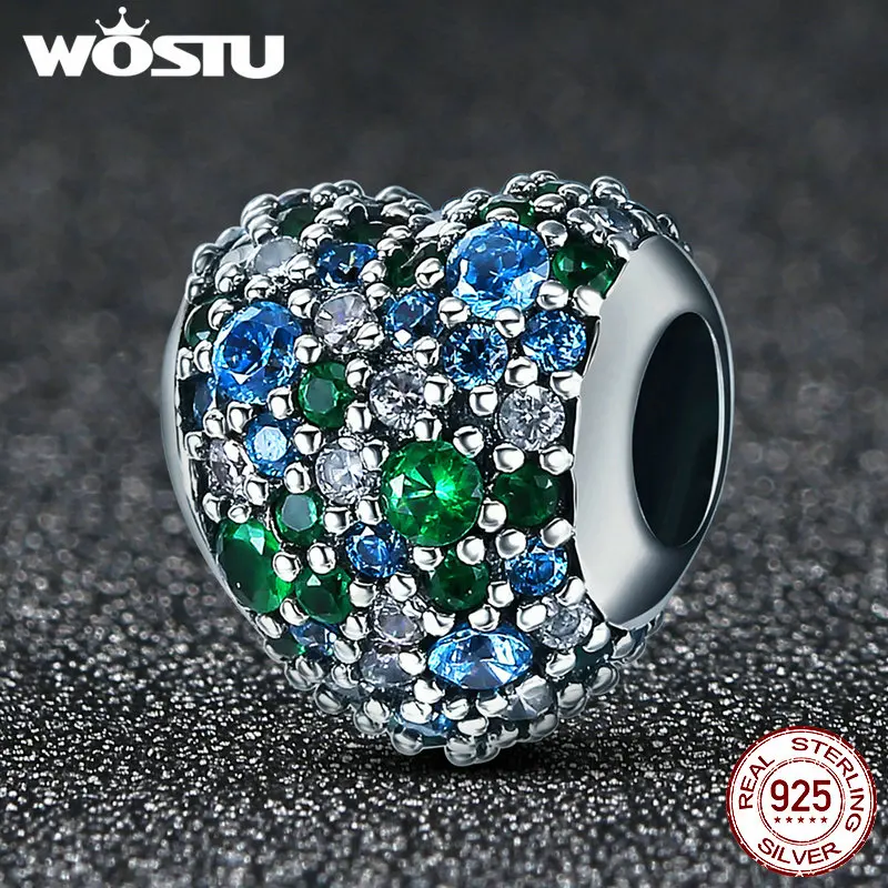 WOSTU подлинный 925 пробы Серебряный Блестящий Сердце прозрачный CZ бисер Подходит для женщин браслет и браслеты DIY Хорошее ювелирное изделие FIC393