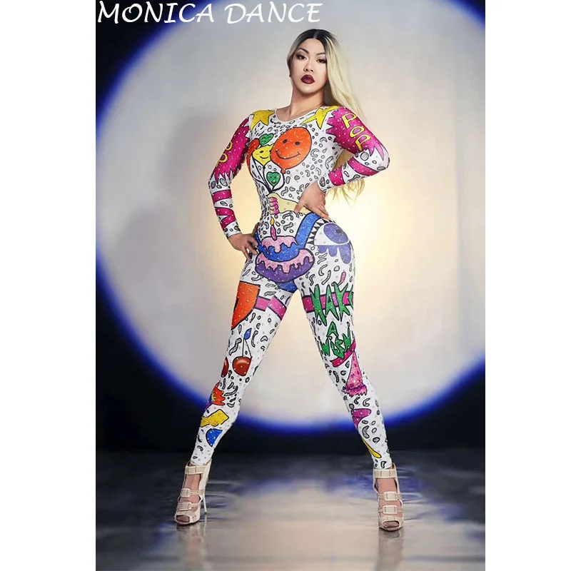 

Women Sexy Cartoon Doodle Jumpsuit Outfit Female Singer Performance Party Wear Dance Stage Costume Bodysuit Prom Show Jumpsuit