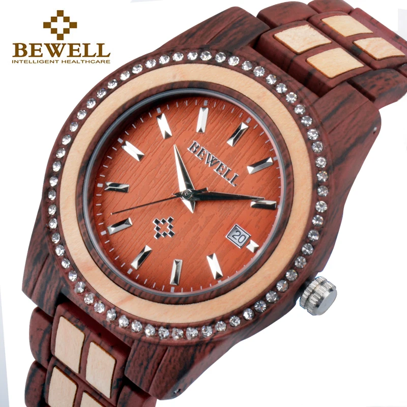 BEWELL, женские часы из сплава и дерева, роскошные круглые кварцевые наручные часы для женщин с календарем, автоматические наручные часы с датой, 1052A