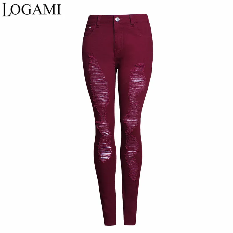 

LOGAMI Skinny Ripped Jeans Woman Women Denim Pants Jean Slim Femme Wine Red