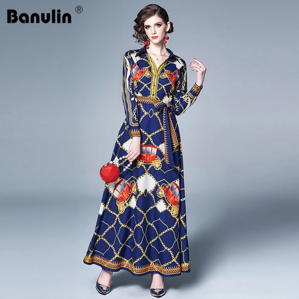 

Women Spring Runway Dress 2019 Designer High Quality Fashion Long Dress Luxury Print Retro Vintage Maxi Dresses Robe Femme