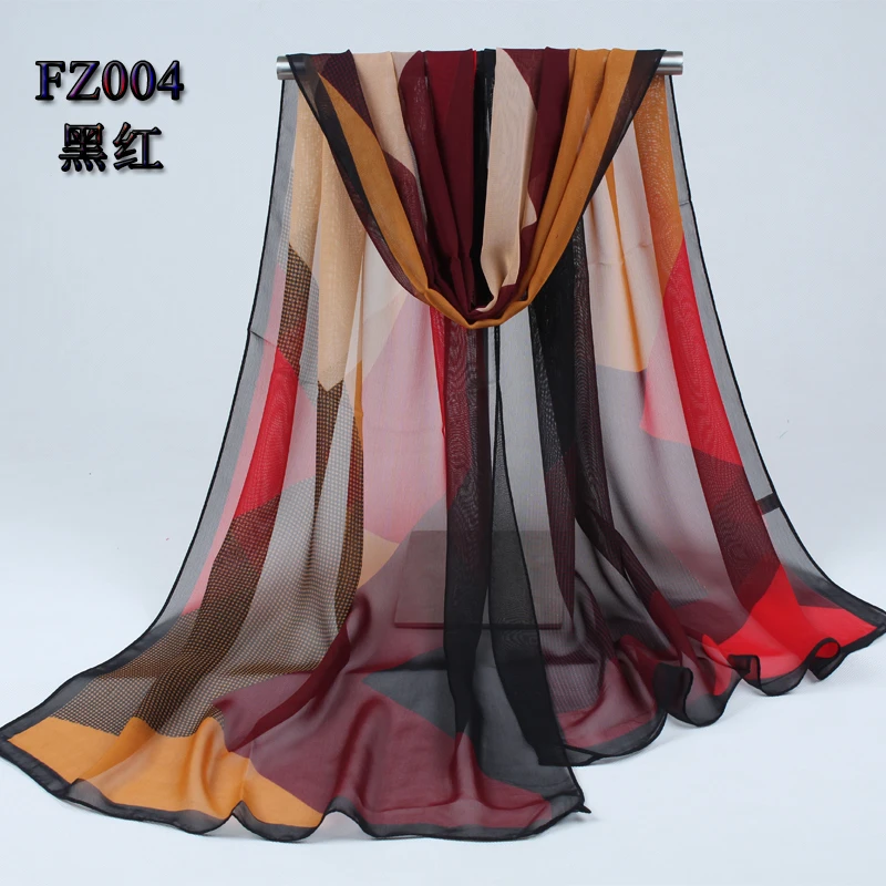Новое поступление весна и осень женский шифоновый шарф полиэстер геометрический узор дизайн длинный мягкий Шелковый платок 004 - Цвет: FZ004 black red