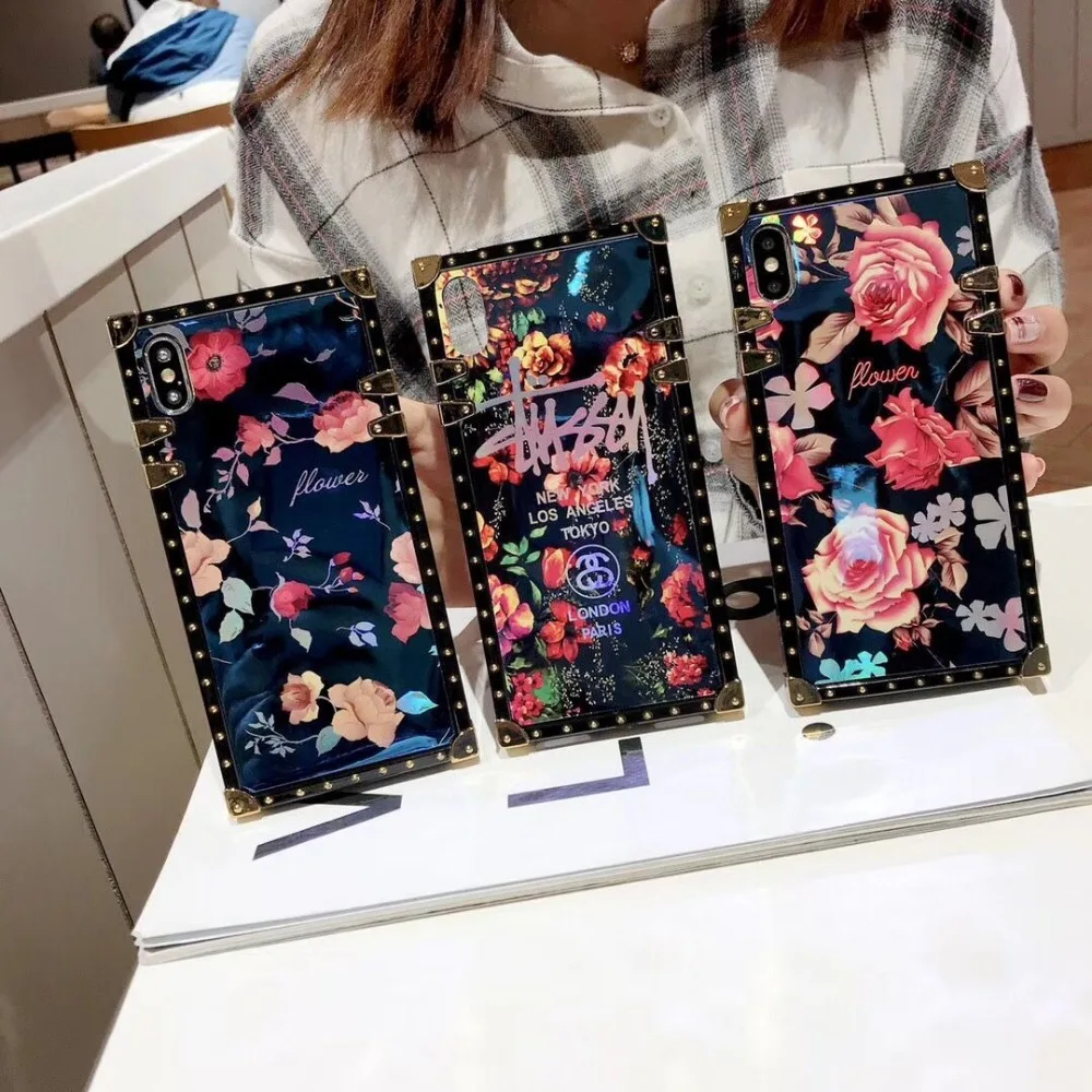 

Luxury Blue Ray Rose Flower Case For iphone X XR XS 11 Pro Max Square Phone Case For iPhone 8 7 6 6S Plus