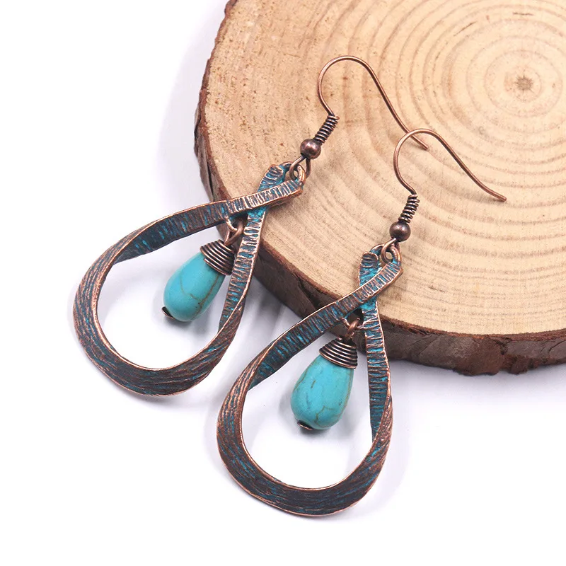 

Women Bohemian Earrings Statement Jewelry Exaggerated Antique Green Metal Water Drop Earrings For Women