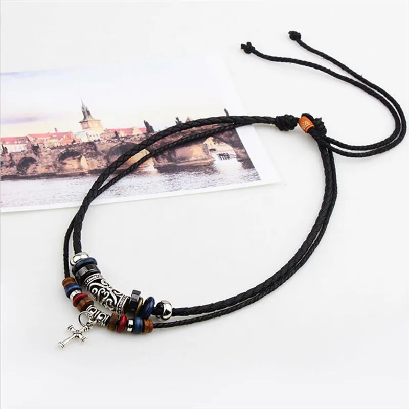 MissXiang религиозный крест ожерелье из бисера ожерелье двойное крепление Плетеный кожаный шнур ожерелье ювелирные изделия панк колье для мужчин и женщин