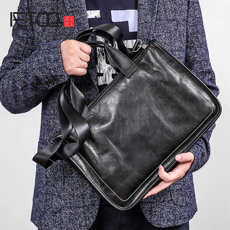  AETOO Leather handbag men's soft leather diagonal bag casual men's first layer leather shoulder bri