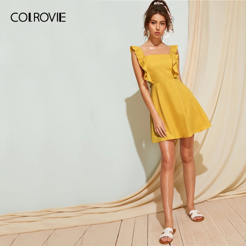COLROVIE желтое платье в стиле бохо с квадратным вырезом и рюшами на спине, женское платье, летнее платье с коротким рукавом и открытой спиной для отдыха, вечеринки, сексуальное мини-платье