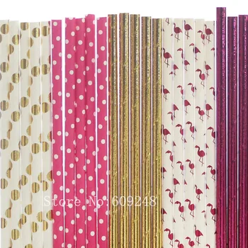 

125pcs Party Paper Straws Mix,Plain Hot Pink Foil,Swiss Dot,Flamingo,Solid Gold Foil,Polka Dot,Gils First Birthday Wedding Bulk