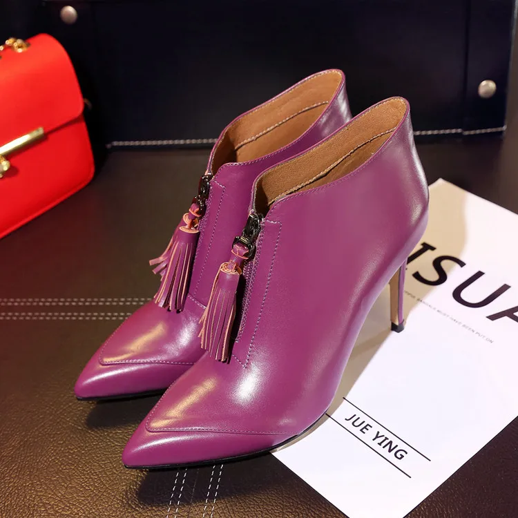 

2017 British style high heel women shoe pointed toe thin heel boot zipper on the front fringe decoration coffee black and purple