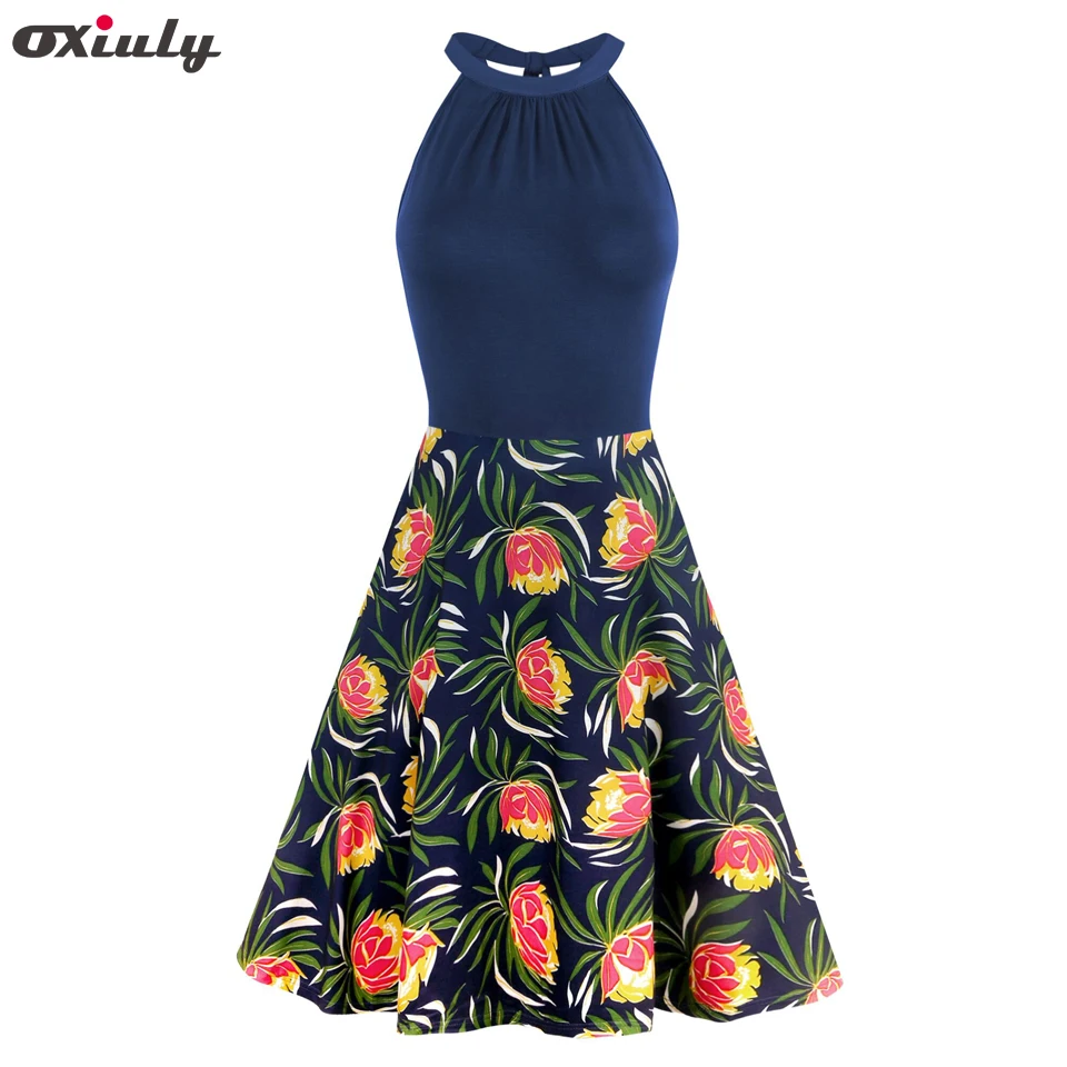 Oxiuly Women's Halter Neck Boho Floral Print Casual Sleeveless Bodycon Hollow out Back A-Line Wrap Dress