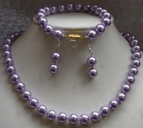 

fast shipping 10MM round lavender south sea shell pearl necklace Bracelet Earring SET (A0428)