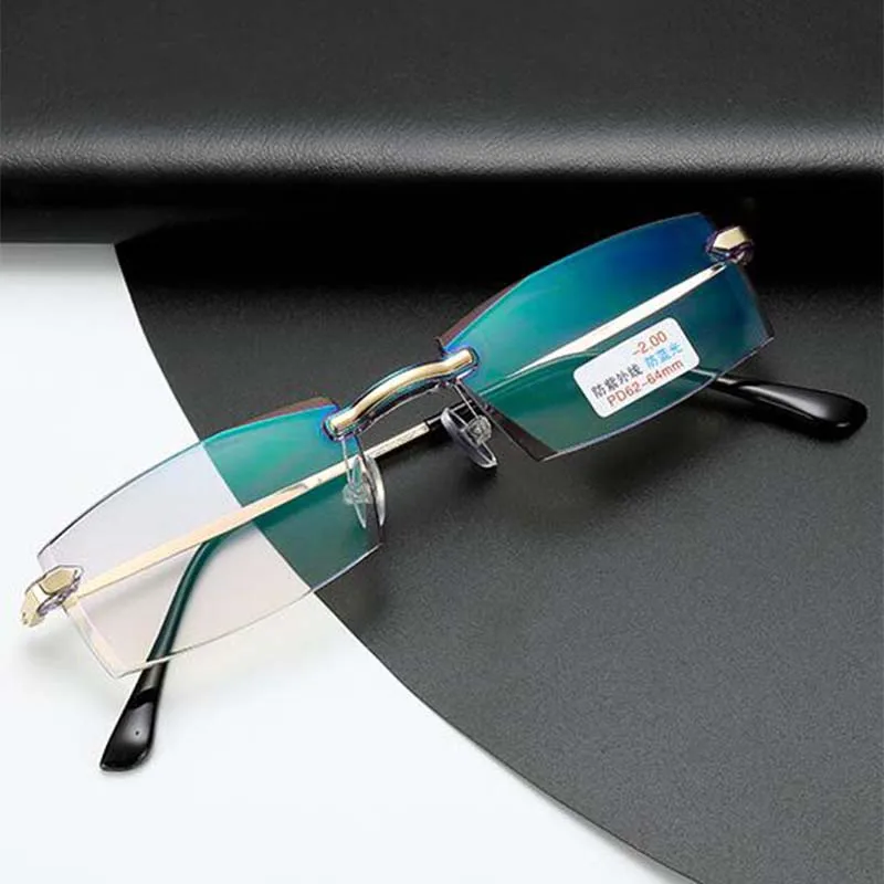 Gold Frame Men Rimless Coating Eyeglasses Finished Myopia Women Anti-blue Light Prescription -1.0 -1.5 -2.0 -2.5 -3.0 -3.5 -4.0