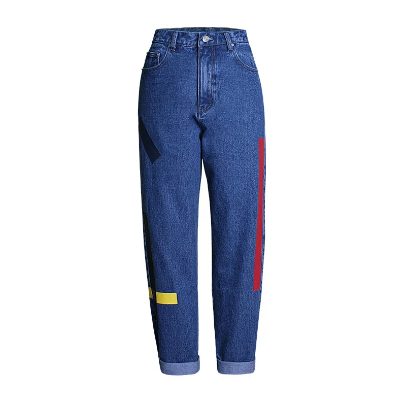 Весна, повседневные женские джинсы, хит, цветной принт, свободные, бойфренд стиль, женские джинсы с манжетами - Цвет: Синий