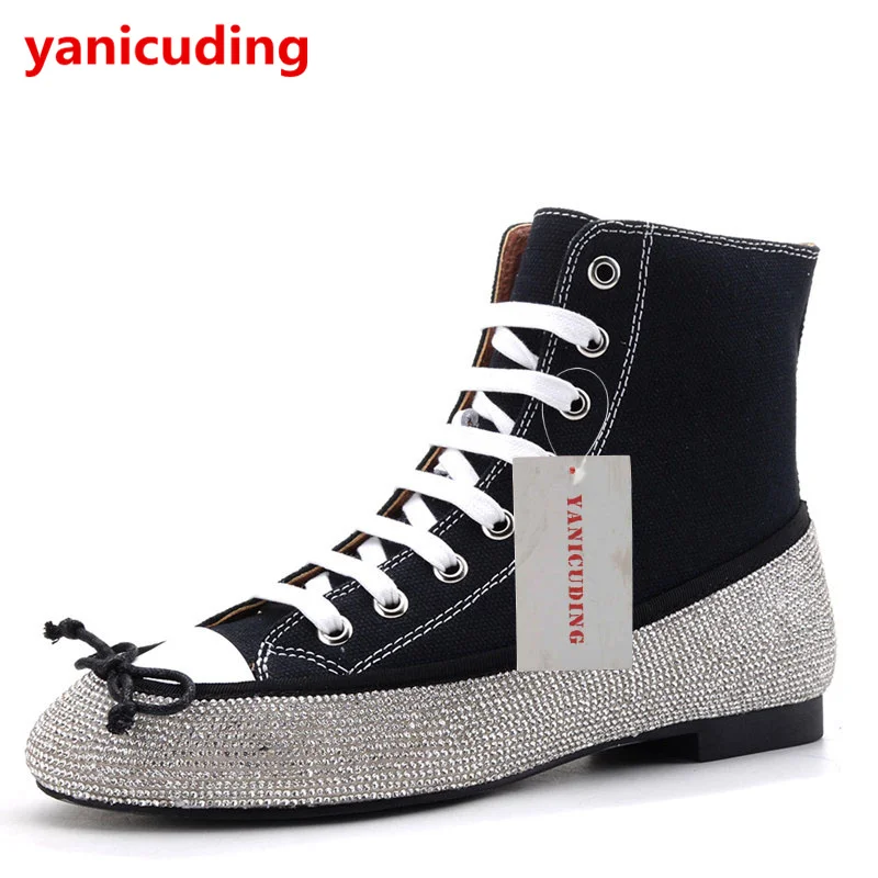 

2018 Shoes Women Denim Lace Up Boots High Top Flats Crystal Embellished Runway Casual Flats Ankle Booties Butterfly Knot Shoes