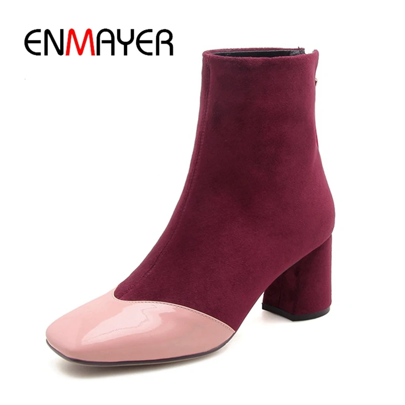 

ENMAYER New Arrival lady flock square toe mixed colors zip ankle boots women square heel boots ZYL764