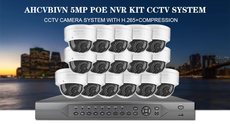 H.265/264 16CH POE система nvr plug and play uhd 5mp IP-камера poe, купольная 48 v Системы Видеонаблюдения POE Комплект 16ch nvr 4 k 5mp