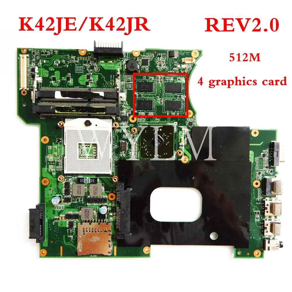 

K42JE 4 graphics card 512M mainboard REV2.0 For ASUS A42J X42J K42J K42JR K42JE Laptop motherboard Tested Working free shipping