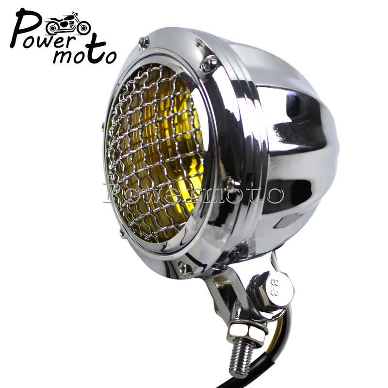 

Motorcycle Retro Grill Headlight Chrome Amber Front Headllamp Head Light For Harley Cafe Racer Bobber Chopper