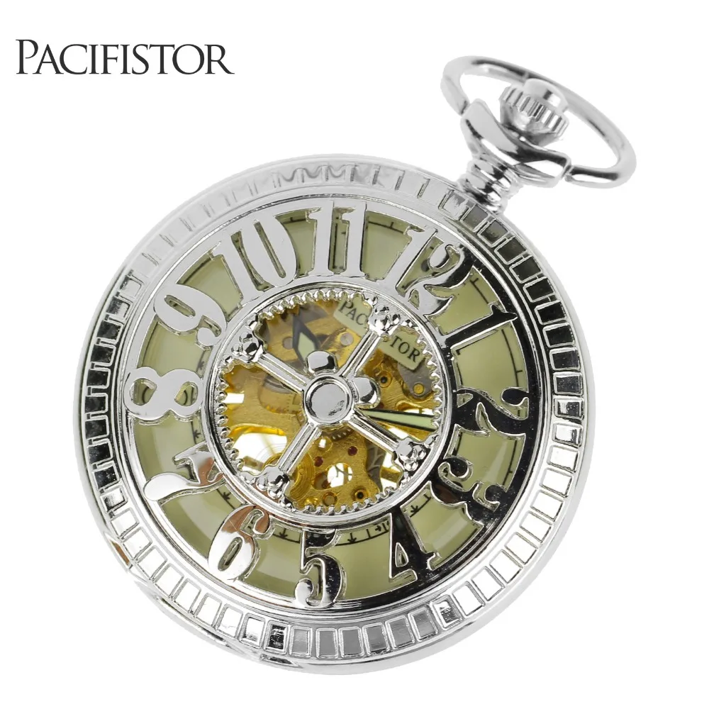 PACIFISTOR Mens Pocket Watches Luminous Silver Mechanical Hand Wind