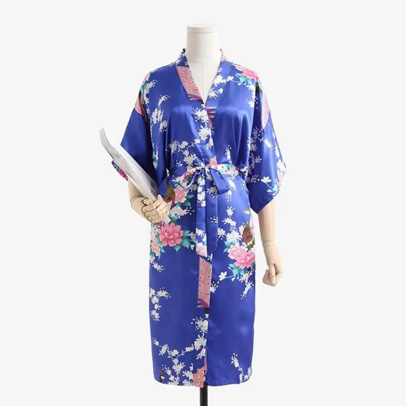 Flower&Peacock Kimono Bathrobe Women Satin Soft Sleepwear Sexy Mini Bride Bridesmaid Wedding Robe Dressing Party Gown