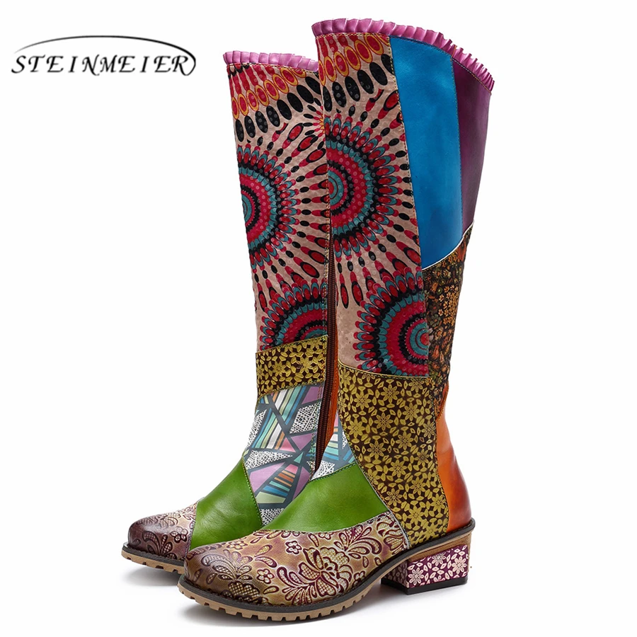 

Women winter Boots Genuine cow Leather Comfortable quality soft Shoes handmade Bohemian warm long boots over the knee boot green