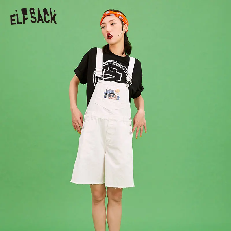 

ELF SACK Embroidery Cotton Denim Women Playsuits White Casual Female Strap Playsuit Summer Fashion Loose Cowboy Woman Jumpsuits
