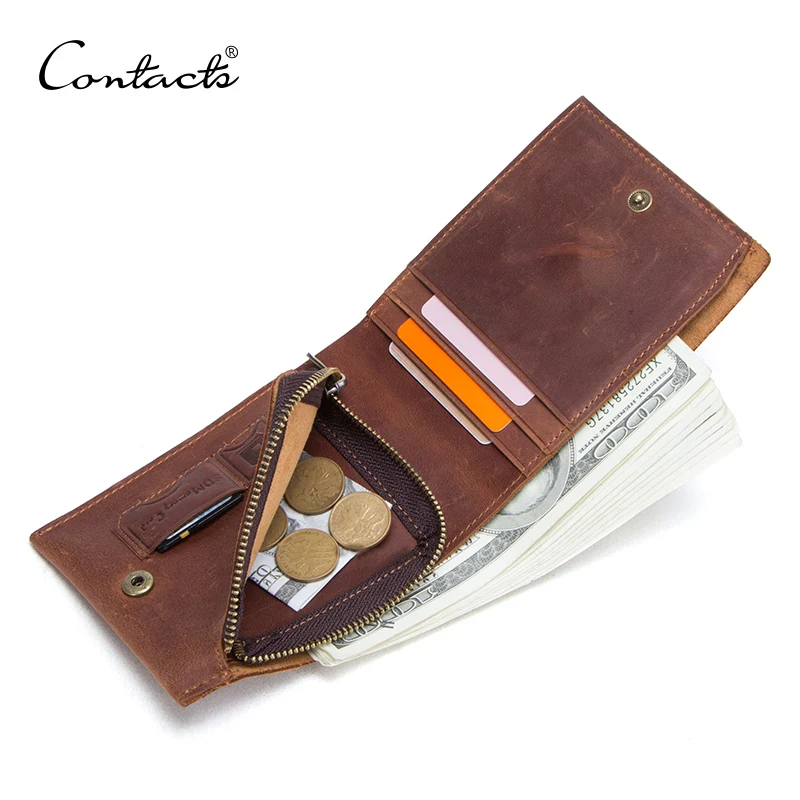 

CONTACT'S vintage genuine leather men wallet with zipper coin pocket card holder small thin men's purse male partmon man cuzdan