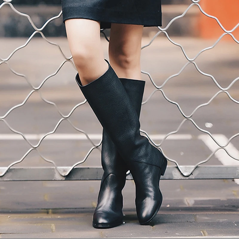 

Retro Design Vintage Shoes Woman Flat Knee High Riding Booties Round Toe Ladies Long Botines Black Leather Winter Boots Women