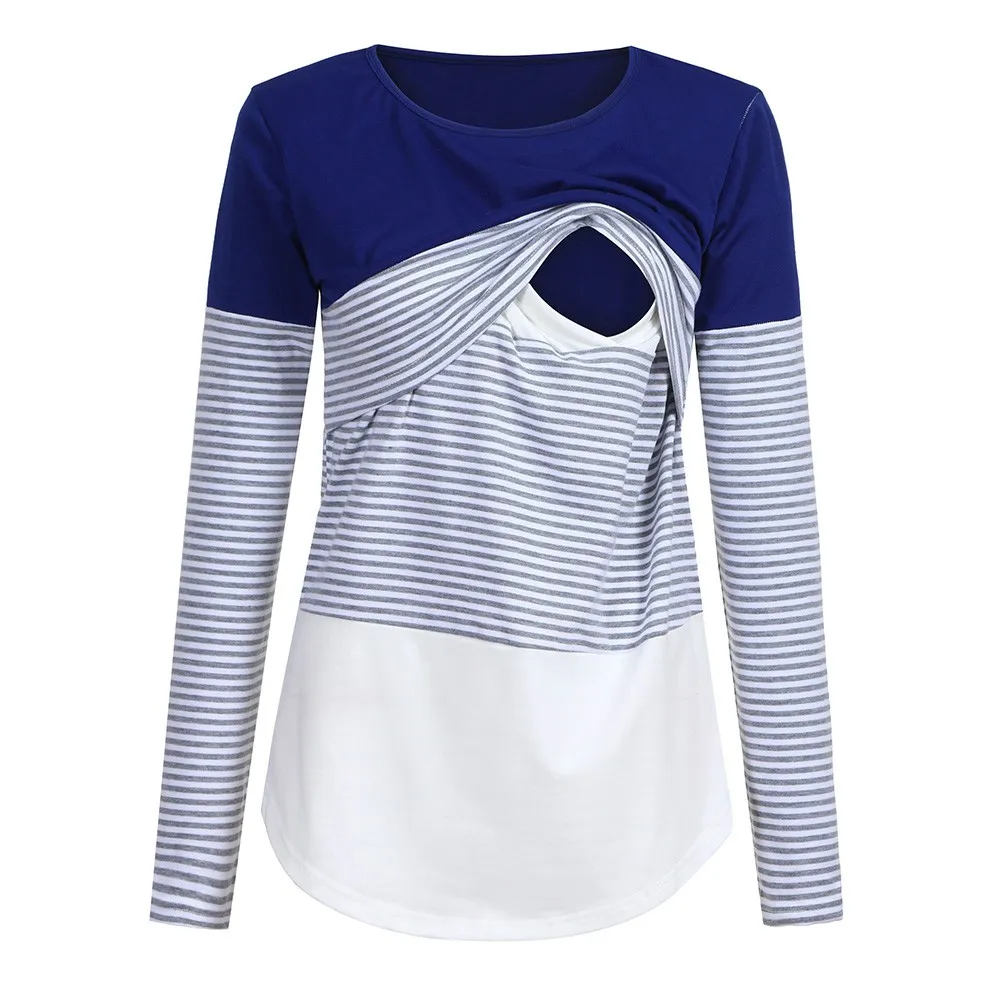 Новая женская рубашка ropa de mujer, Одежда для беременных мам, одежда для кормящих детей, полосатые футболки с длинными рукавами, jurk - Цвет: Blue