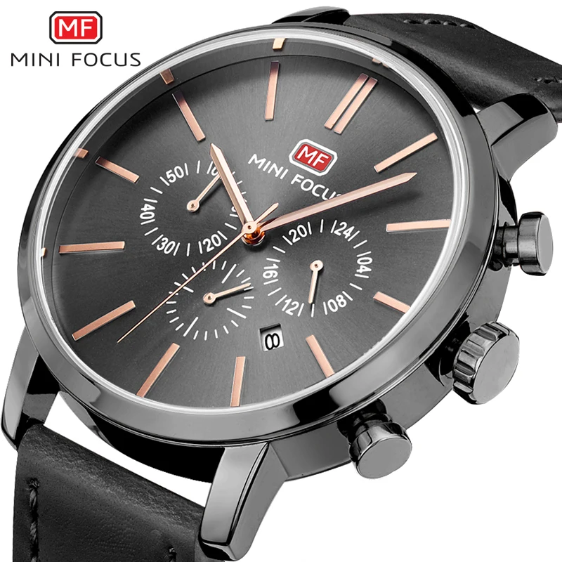

MINIFOCUS Black Leather Sport Watch Men Luxury Military Men Watch Multifunction Quartz Watch for Men Clock Business Montre Homme