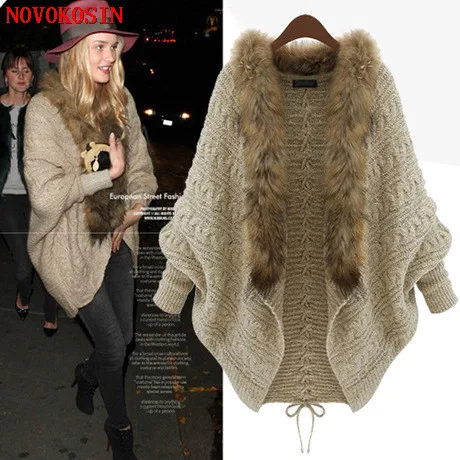 2021 Oversize Loose Cape Winter Women Fur Neck Knitted Cardigans Female Long Batwing Sleeves Vintage Open Stitch Sweater Shirt |
