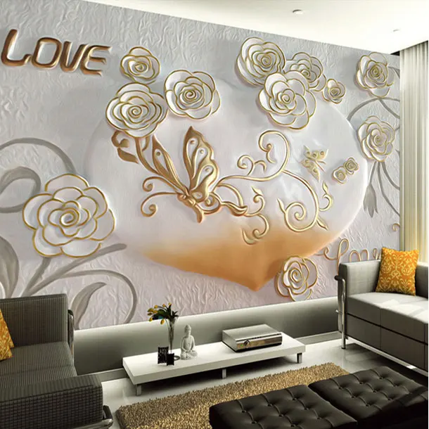 

Wholesale 3d Rose Flower Butterfly&Peach Mura Vinyl Wallpaper for Living Room TV Backdrop 3d Wall Photo Mural Fresco