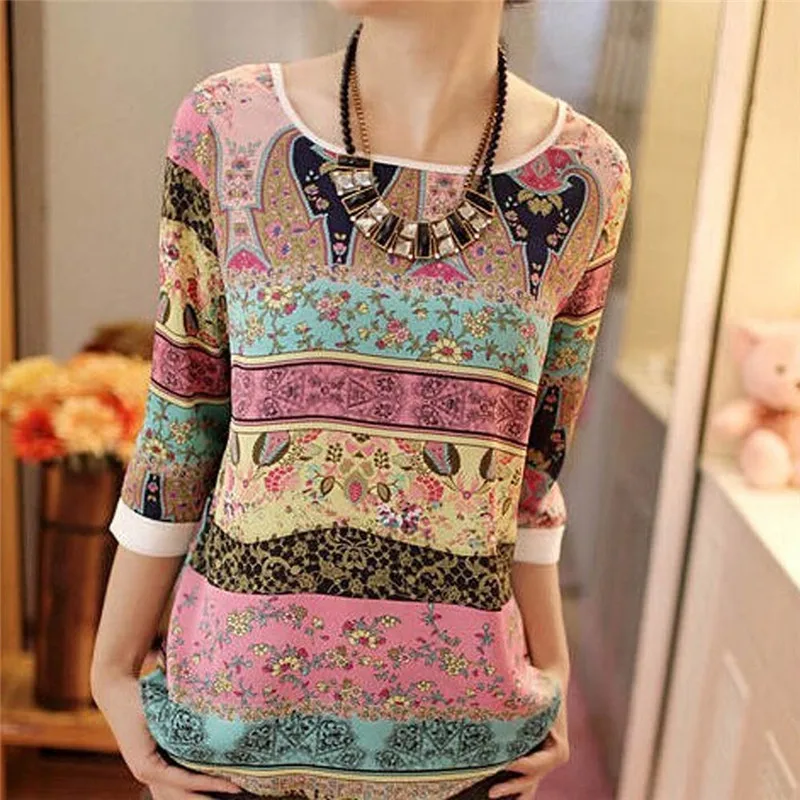 

Summer Fashion 2019 Vintage Three Quarter Chiffon Blouses Women Casual Different Pattern Tunic Shirts Jumper Tops Blusas Mujer
