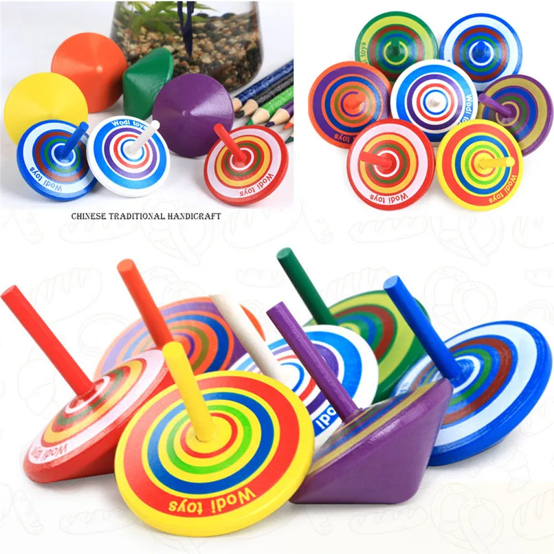 Random Color Baby Toy Novelty Wooden Colorful Spinning Top Handmade