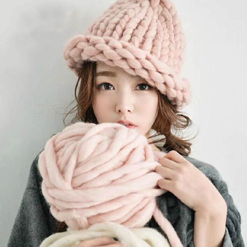 

1pcs Women Winter Warm Hat Handmade Knitted Coarse Lines Cable Hats Knit Cap Candy Color Beanie Crochet Caps Women Bonnet Femme