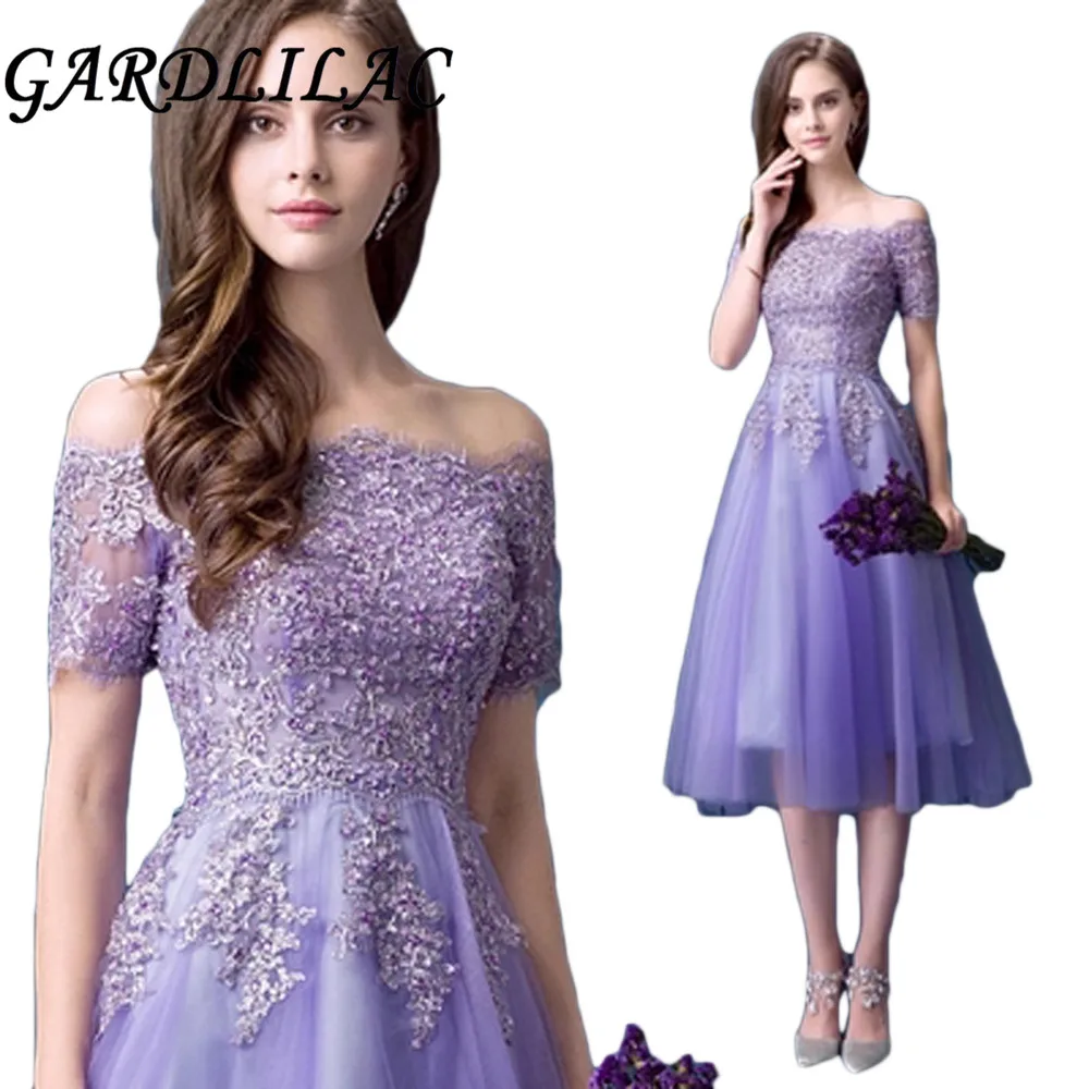 

Gardlilac Lilac Tulle Applique Bridesmaid Dress Beading Sequine with Off the Shoulder Wedding Party Dress