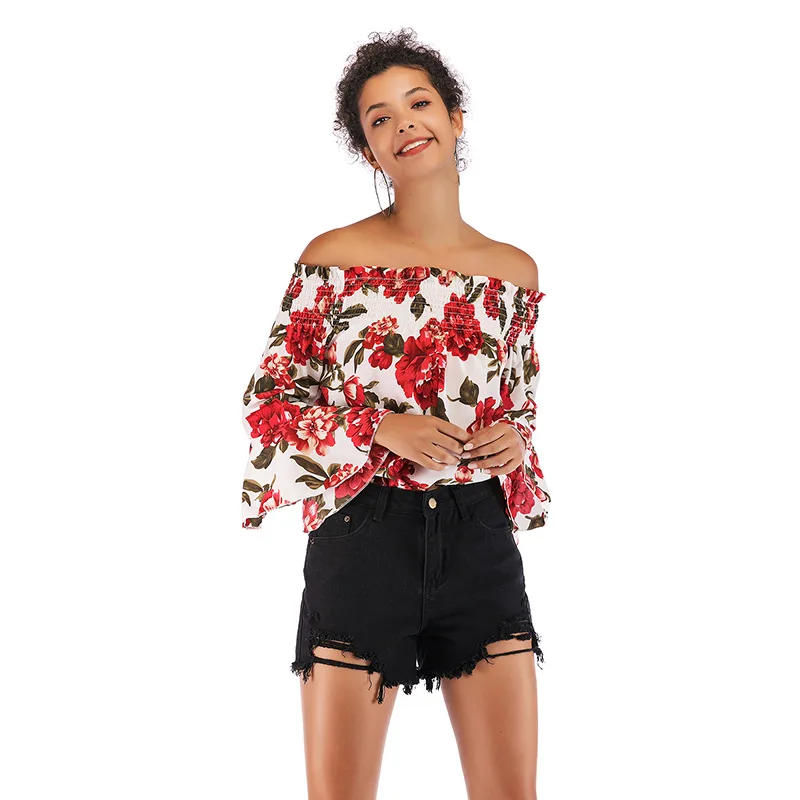 

Hot word collar off-shoulder print chiffon shirt horn long-sleeved shirt women