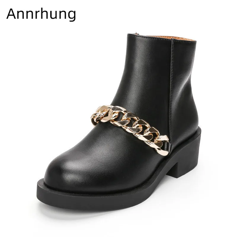 

Chunky Heel Ankle Boots Women Gold Silver Chains Decor Botas Round Toe Side Zip Martin Boots Fashion Autumn Runway Botas Mujer
