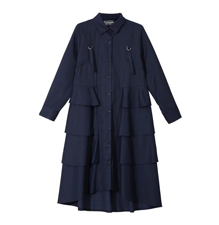 Mulheres Azul Marinho Vestido Camisa Manga Comprida