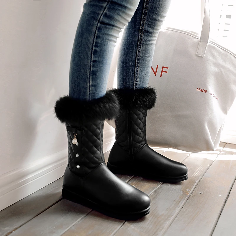 NEW fashion warm Mid-Calf snow boots women round toe soft leather warm Rabbit Fur winter thick fur ladies winter shoes