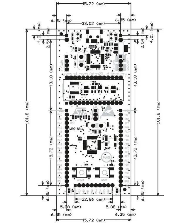 STM8L-DISCOVERY board dimensions