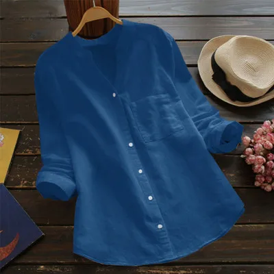 Dioufond Новинка хлопковая рубашка Высокое качество Женская блузка v-образный вырез с длинным рукавом однотонные синие рубашки тонкие женские повседневные женские топы - Цвет: Blue