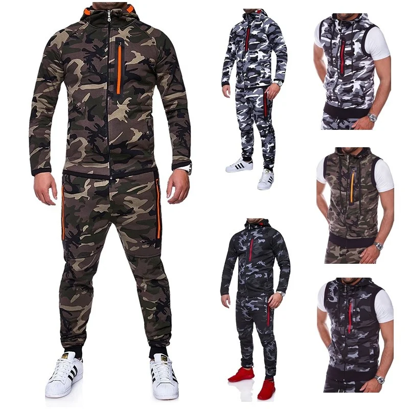 ZOGAA Men 2 Parts Hooded Sweatshirt and Sports Pants Set Camouflage Mandarin Collar Zipper Fly Military Full sleeve ZOGAA Men 2 Parts Hooded Sweatshirt and Sports Pants Set Camouflage Mandarin Collar Zipper Fly Military Full sleeve